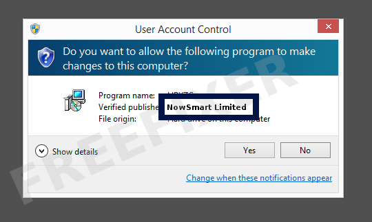 Screenshot where NowSmart Limited appears as the verified publisher in the UAC dialog